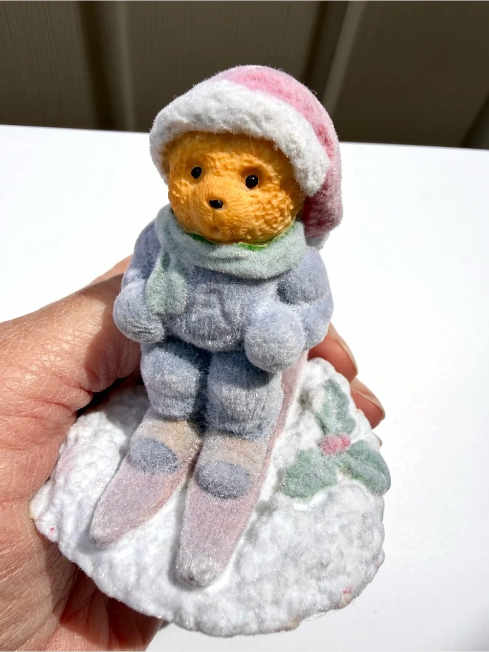 Vintage Flocked Snowy Tree & Skiing Bear Figurine Christmas Holiday Winter Decor